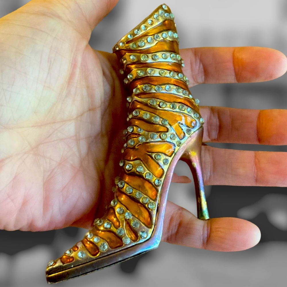 Vintage stiletto tiger print/ Vanity Rhinestone & Enamel Brass 4" tall vase